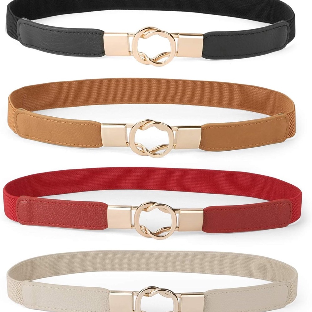 Elegant Women's Belt Set - Black, Tan, Red, Cream stretch interlocking buckle.